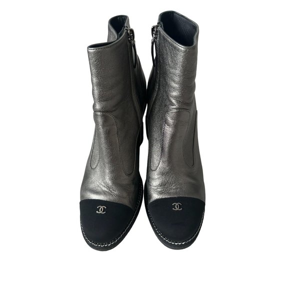 CHANEL Silver and Black Wedge Ankle Boots - Picture 11 of 15